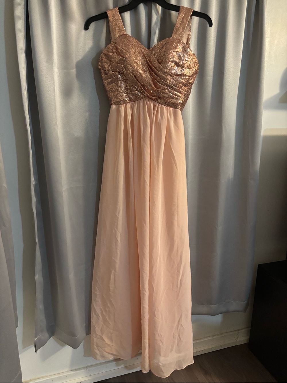B. Smart Rose Gold Sequin Bodice Chiffon Maxi Dress